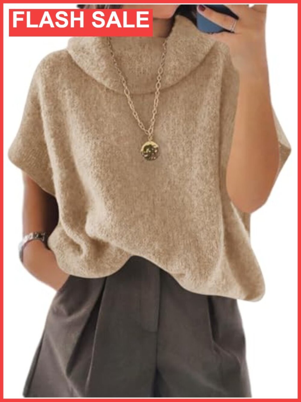 Oversized Turtleneck Poncho Sweater Short Batwing Sleeve Chunky Knit Pullover